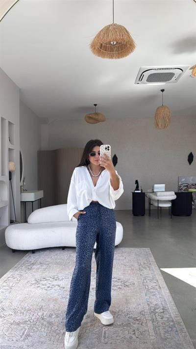 Kadın Saten Kumaş Leopar Desenli Pantolon