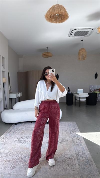 Kadın Saten Kumaş Leopar Desenli Pantolon