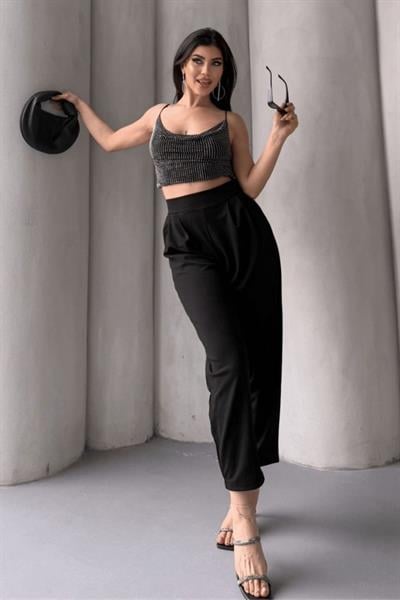 Kadın Scuba Krep Likralı Yan Fermuarlı Lastikli Harem Pantolon