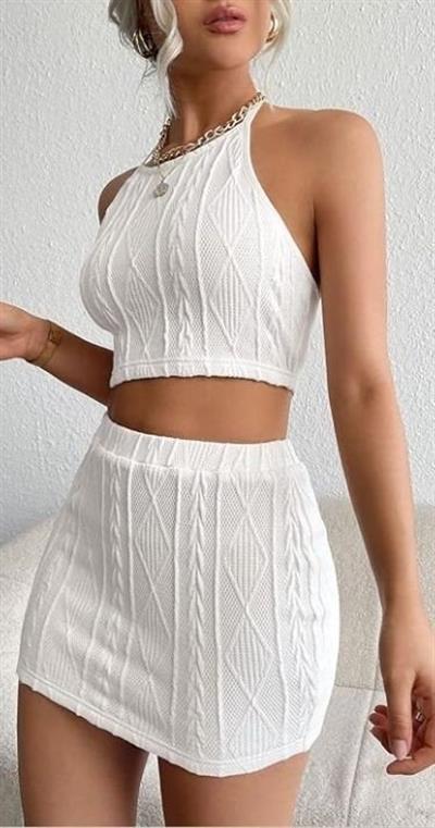 Kadın Sıfır Kol Crop Mini Etek Ikili Triko Takım