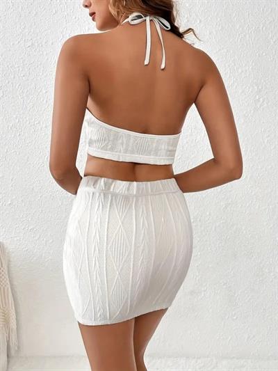 Kadın Sıfır Kol Crop Mini Etek Ikili Triko Takım