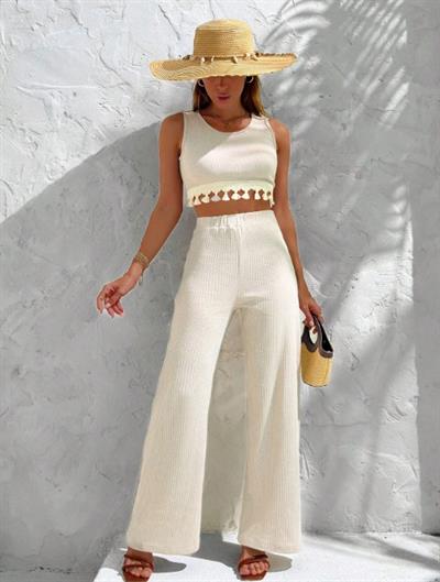 Kadın Sıfır Kol Püskül Detay Geniş Paça Kaşkorse Ikili Takım