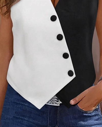 Kadın Sıfır Kol V Yakalı Düğmeli Blok Renkli Atlas Yelek