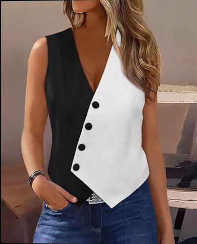 Kadın Sıfır Kol V Yakalı Düğmeli Blok Renkli Atlas Yelek