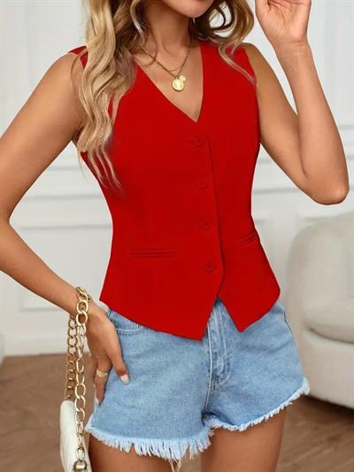 Kadın Sıfır Kol V Yakalı önden Düğmeli Atlas Yelek