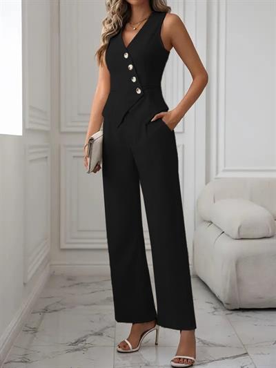 Kadın Sıfır Kollu çapraz V Yakalı önden Düğmeli Atlas Yelek Ve Pantolon Ikili Takım