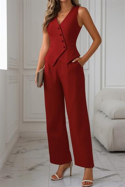 Kadın Sıfır Kollu çapraz V Yakalı önden Düğmeli Atlas Yelek Ve Pantolon Ikili Takım