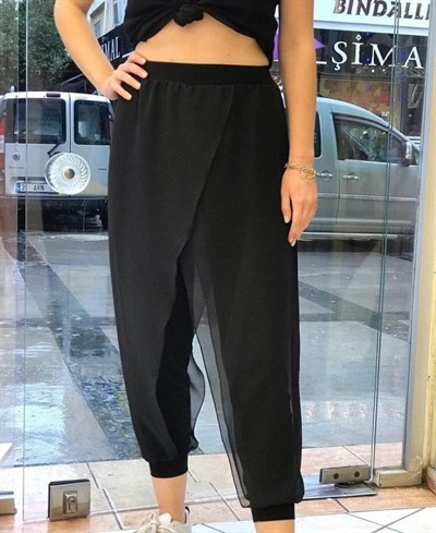 Kadın Şifon Detaylı Lastikli Şalvar Pantolon