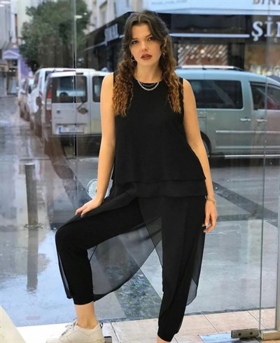 Kadın Şifon Detaylı Lastikli Şalvar Pantolon