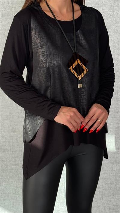 Kadın Siyah Deri Yelekli Kolye Dahil üçlü Takım