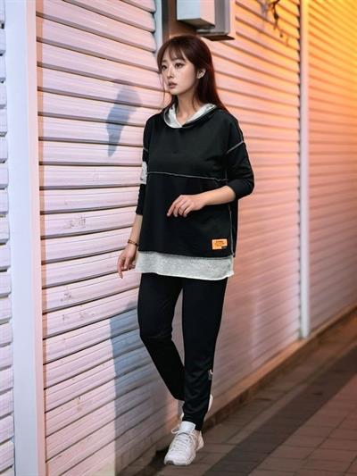 Kadın Siyah Kapşonlu Etek Ucu Detay Arma Ters Dikiş Gorunumlu Ikili Takım