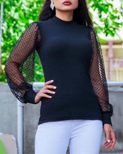Kadın Siyah Kolu Tül Detaylı Yarım Balıkçı Kaşkorse Bluz 6160