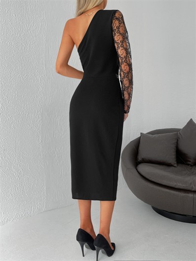 Kadın Siyah Tek Kol Dantel Detay Omuz Dekolte Krep Elbise