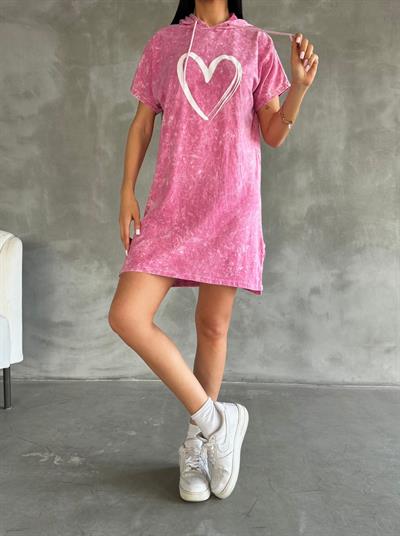 Kadın Süprem Kumaş Kalp Baskılı Kapşon Ve Yırtmaç Detaylı Mini Elbise