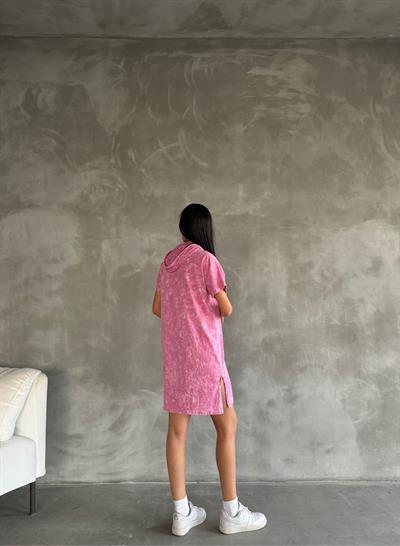 Kadın Süprem Kumaş Kalp Baskılı Kapşon Ve Yırtmaç Detaylı Mini Elbise