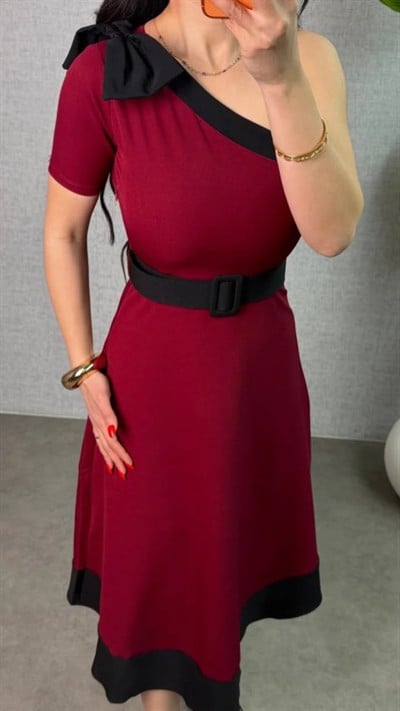 Kadın Tek Omuz Fiyonk Detaylı Midi Boy Elbise