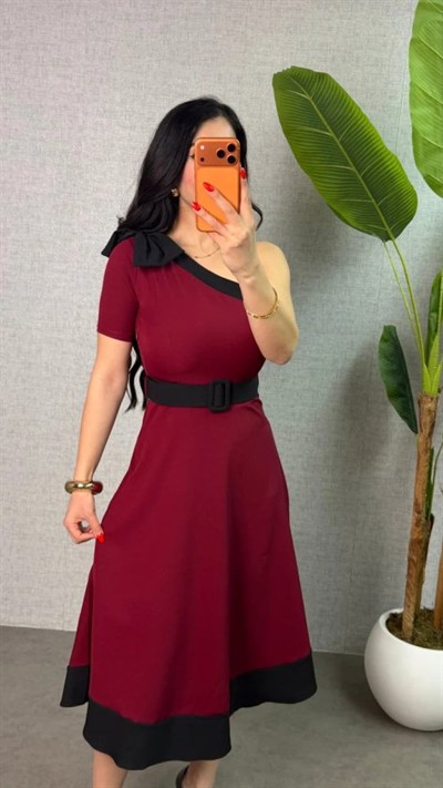 Kadın Tek Omuz Fiyonk Detaylı Midi Boy Elbise