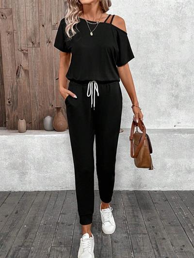 Kadın Tek Omuzdan Açık Viskon Iki Iplik Bluz Bağcıklı Pantolon Ikili Takım