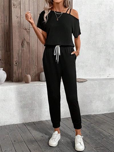 Kadın Tek Omuzdan Açık Viskon Iki Iplik Bluz Bağcıklı Pantolon Ikili Takım