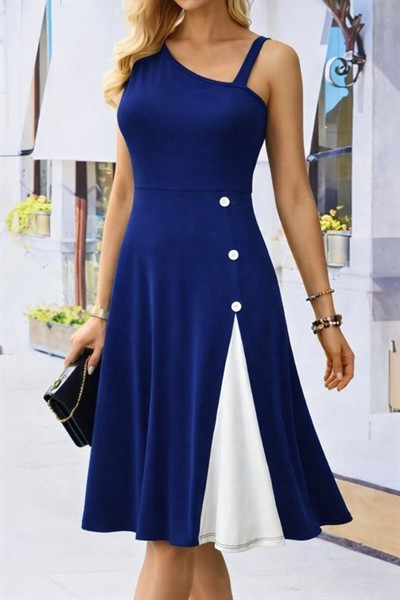 Kadın Tek Omuzu şerit Detaylı Kolsuz Yandan Düğme Detaylı Janjan Krep Elbise