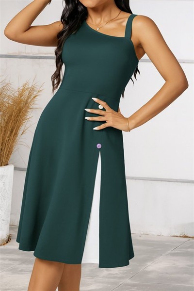 Kadın Tek Omuzu şerit Detaylı Kolsuz Yandan Düğme Detaylı Viskon Elbise