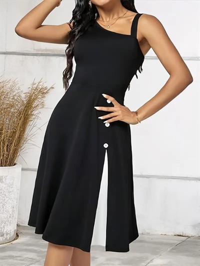 Kadın Tek Omuzu şerit Detaylı Kolsuz Yandan Düğme Detaylı Viskon Elbise