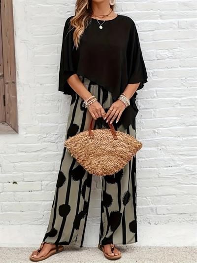 Kadın Truvakar Kol Bisiklet Yaka Asimetrik Dikişsiz Sandy Pelerin Bluz Ve Desenli Pantolon Ikili Takım