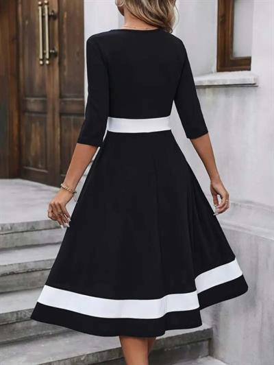 Kadın Truvakar Kol V Yakalı Janjan Krep Midi Elbise