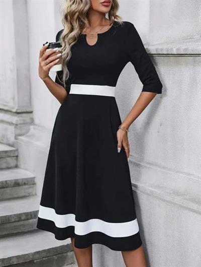 Kadın Truvakar Kol V Yakalı Janjan Krep Midi Elbise