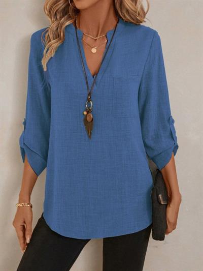 Kadın Truvakar Kol V Yakalı Keten Bluz
