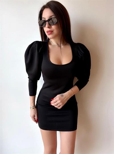 Kadın U Yaka Balon Omuz Ve Fakir Kol Detay Mini Elbise