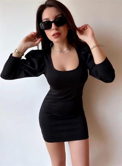 Kadın U Yaka Balon Omuz Ve Fakir Kol Detay Mini Elbise