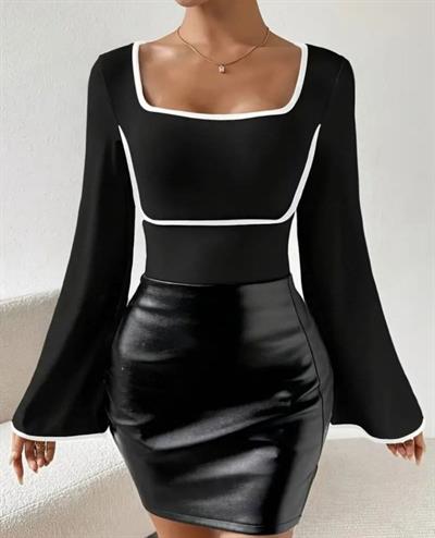 Kadın U Yaka Beyaz şerıt Detaylı Yarasa Kol Dalgıç Kumaş Arabiyeli Bluz