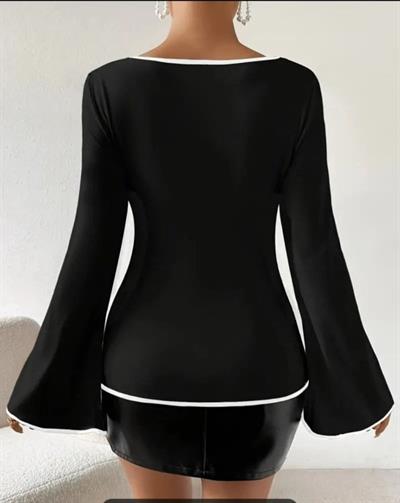 Kadın U Yaka Beyaz şerıt Detaylı Yarasa Kol Dalgıç Kumaş Arabiyeli Bluz