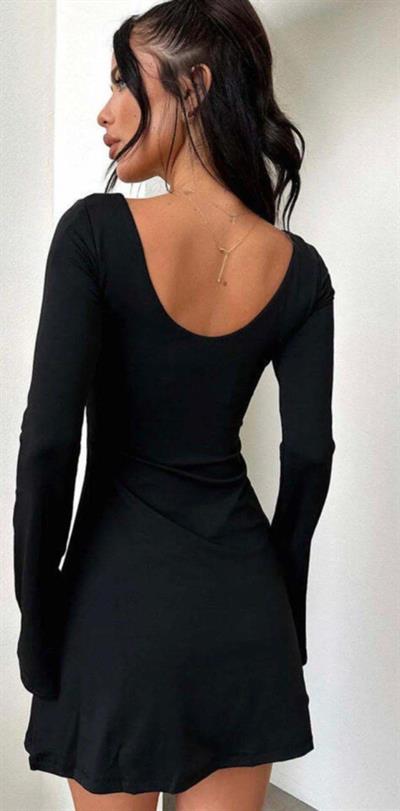 Kadın U Yaka Sırt Dekolteli Ispanyol Kol Detay Mini Elbise