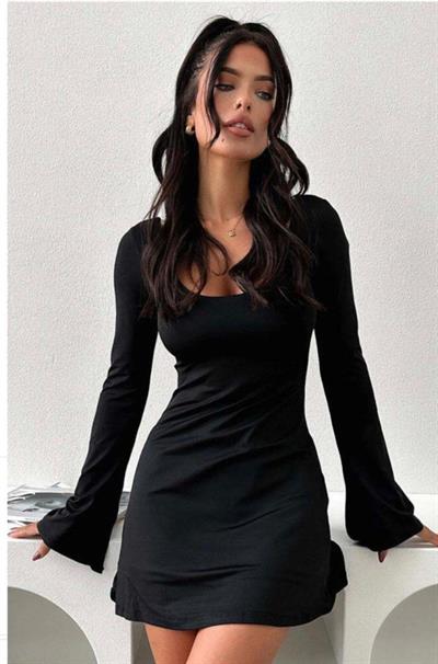 Kadın U Yaka Sırt Dekolteli Ispanyol Kol Detay Mini Elbise