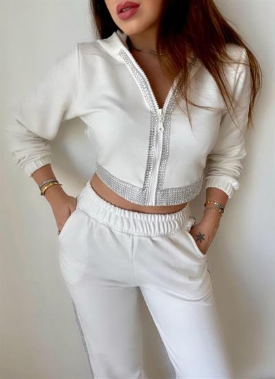 Kadın Üç İplik Şardonsuz Kumaş Taş Detaylı Eşofman Takımı