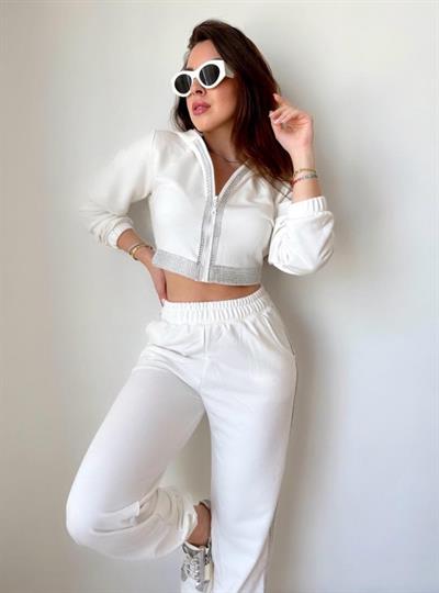 Kadın Üç İplik Şardonsuz Kumaş Taş Detaylı Eşofman Takımı