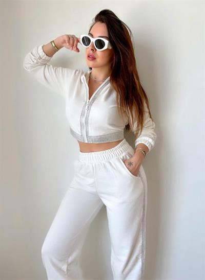 Kadın Üç İplik Şardonsuz Kumaş Taş Detaylı Eşofman Takımı