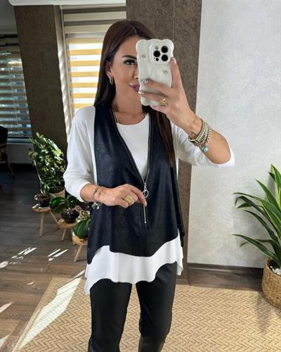 Kadın Uzun Kol Asimetrik Kesim Bluz Ve Asimetrik Kesim Fermuar Detay Deri Yelek Ikili Takım