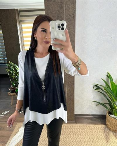 Kadın Uzun Kol Asimetrik Kesim Bluz Ve Asimetrik Kesim Fermuar Detay Deri Yelek Ikili Takım