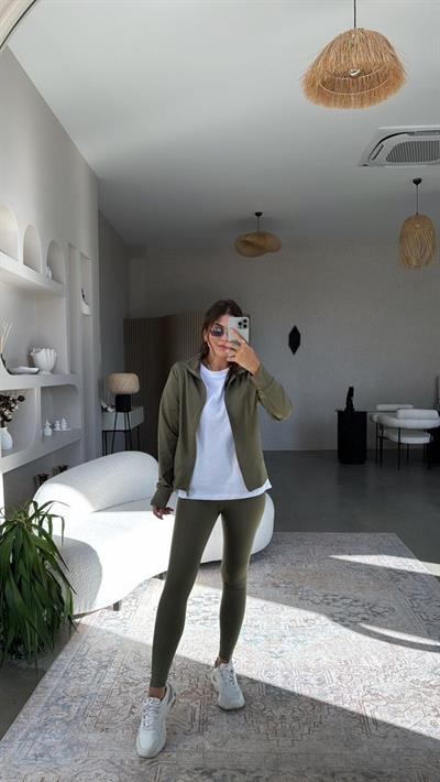 Kadın Uzun Kol Fermuar Detay Ceket Ve Yüksek Bel Toparlayıcı Tayt Ikili Takım