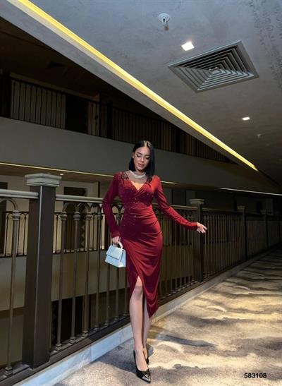 Kadın Uzun Kol Inci Detay Sandy Kumaş Kruvaze Elbise