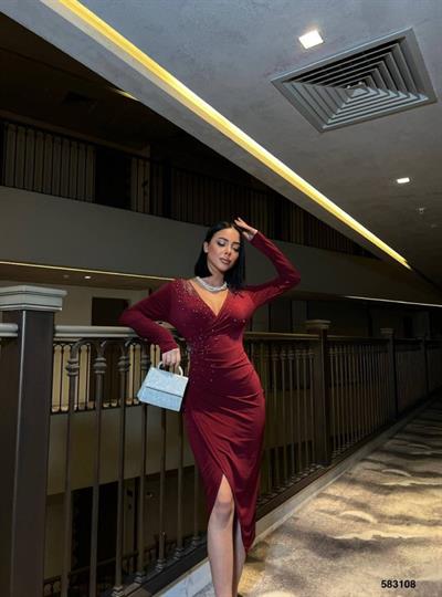 Kadın Uzun Kol Inci Detay Sandy Kumaş Kruvaze Elbise