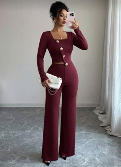 Kadın Uzun Kol Kare Yaka Asimetrik Düğme Detay Bluz Ve Yüksek Bel Pantolon Ikili Takım