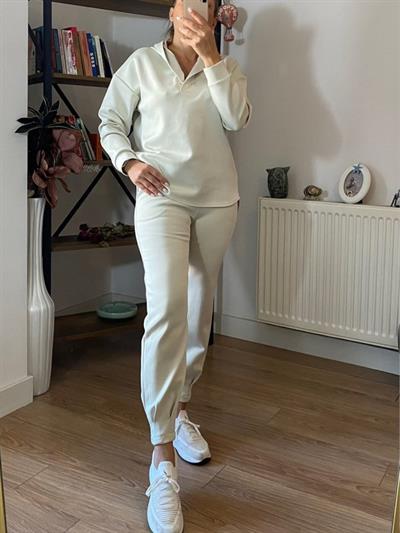 Kadın Uzun Kol V Yaka Kapüşon Detay Sweat Ve Yüksel Bel Eşofman Ikili Takım