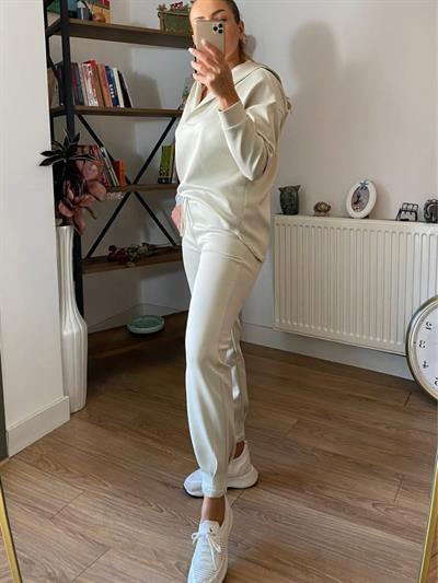 Kadın Uzun Kol V Yaka Kapüşon Detay Sweat Ve Yüksel Bel Eşofman Ikili Takım