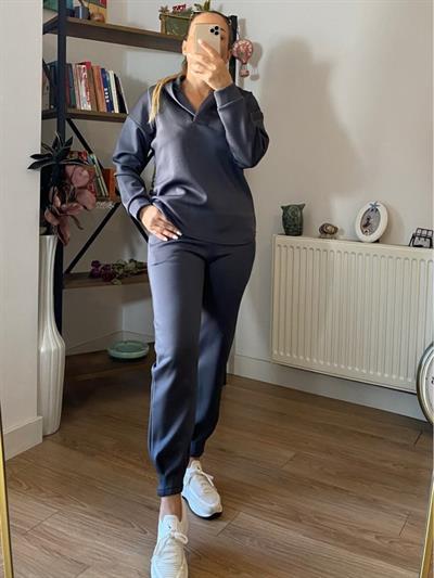 Kadın Uzun Kol V Yaka Kapüşon Detay Sweat Ve Yüksel Bel Eşofman Ikili Takım