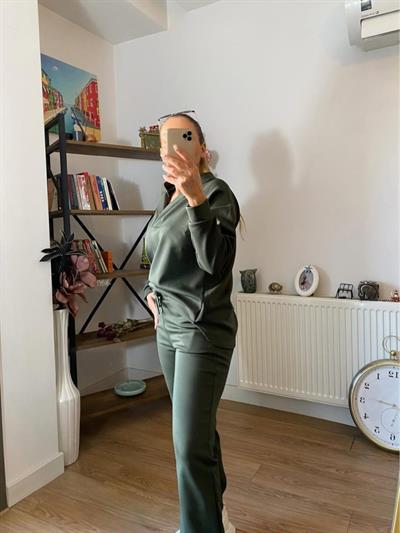 Kadın Uzun Kol V Yaka Kapüşon Detay Sweat Ve Yüksel Bel Eşofman Ikili Takım