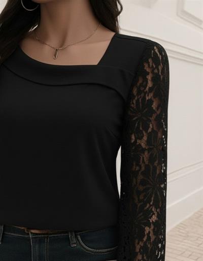 Kadın Uzun Kollu Asimetrik Yakalı Dantelli Ithal Krep Bluz